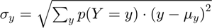 $\sigma_y = \sqrt{ \sum_{y} p(Y=y) \cdot \left( y - \mu_y \right)^2}$