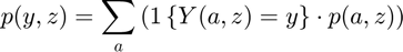 $$ p(y,z) = \sum_{a} \left(1\left\{Y(a,z)=y\right\} \cdot p(a,z) \right)$$