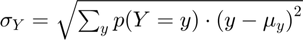 $\sigma_Y = \sqrt{ \sum_{y} p(Y=y) \cdot \left( y - \mu_y \right)^2}$